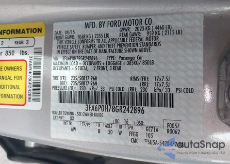 2016 Ford Fusion Se z USA, uszkodzony, nr VIN 3FA6P0H78GR242896